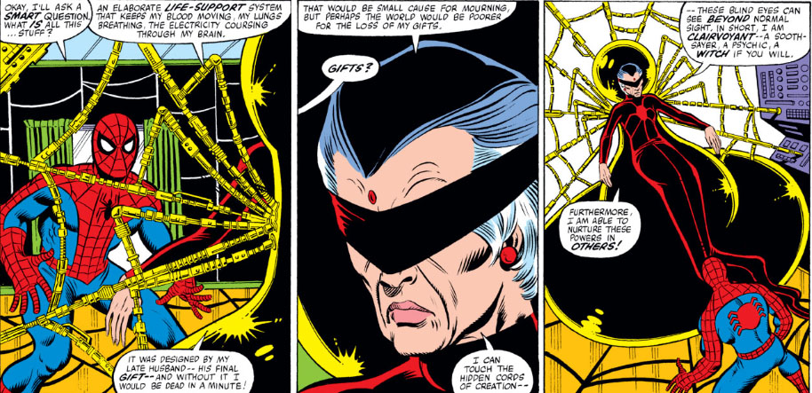 Madame Cassandra Webb meets Spider-Man in 1981's Amazing Spider-Man #210.