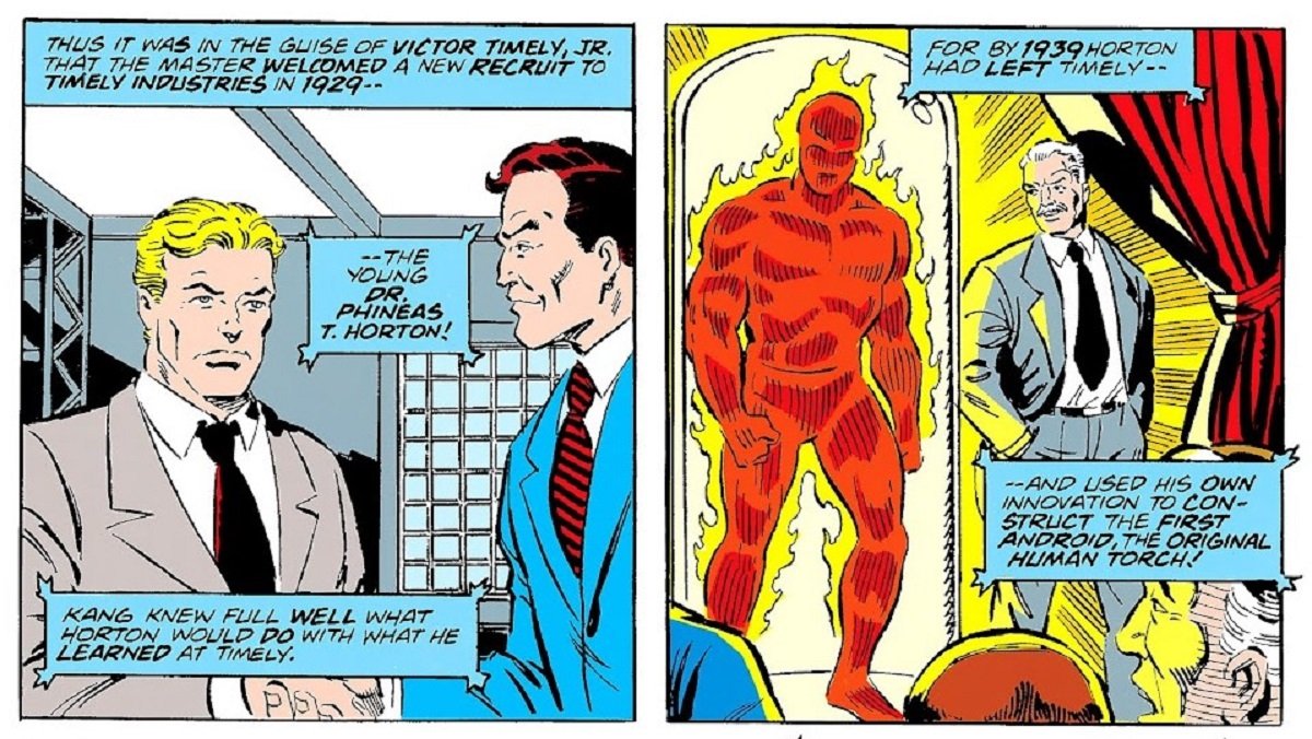 Victor Timely meets the future creator of the Human Torch, in 1992's Avengers Annual #21.