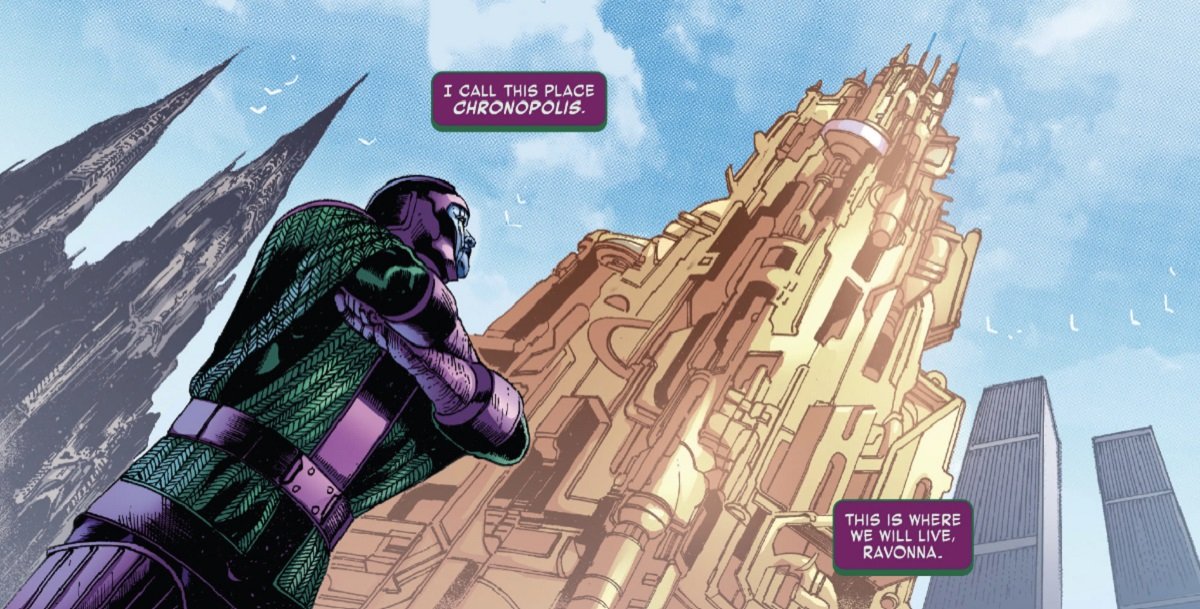Kang looks up at his fortress in the city of Chronopolis.