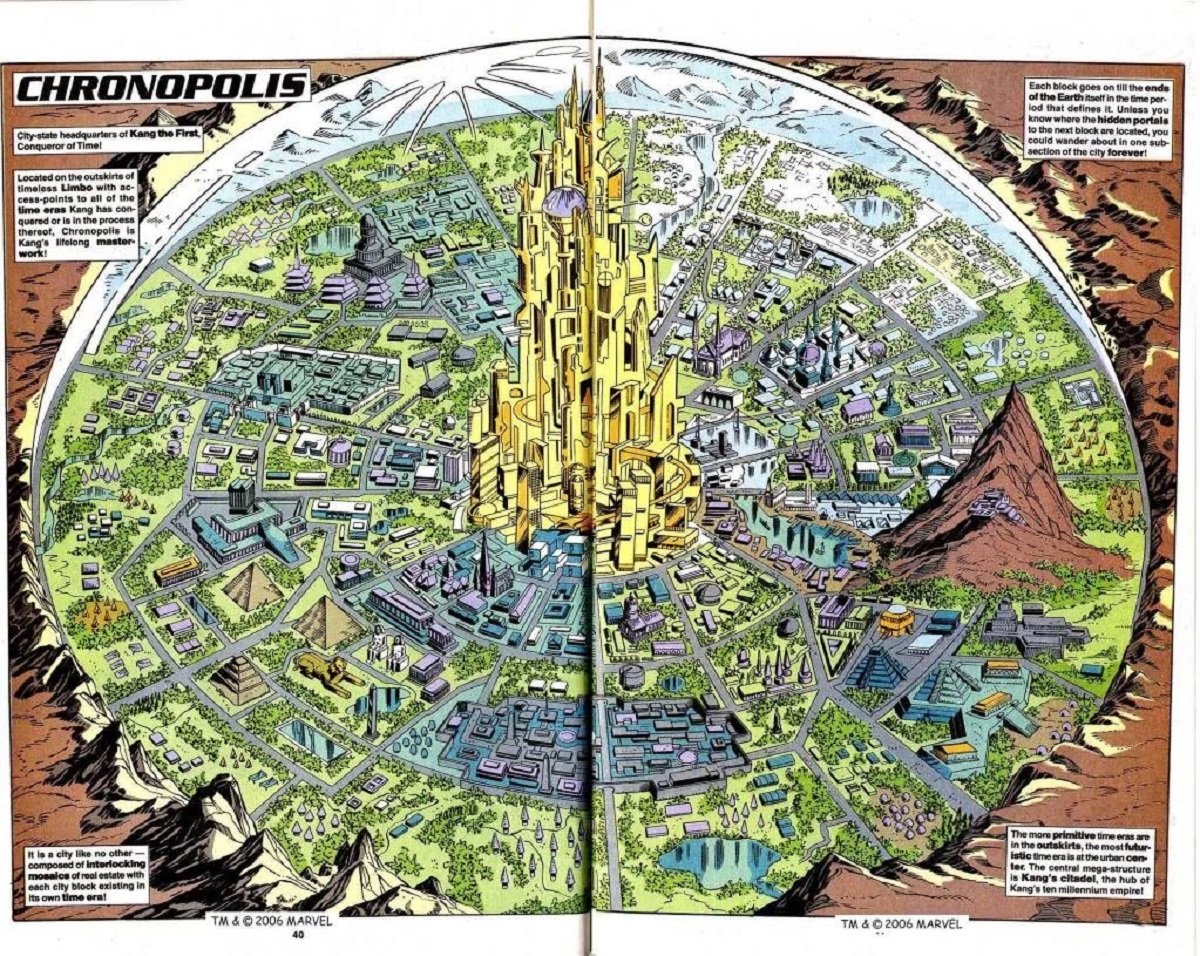 A detailed map of Chronopolis from the pages of Marvel Comics.