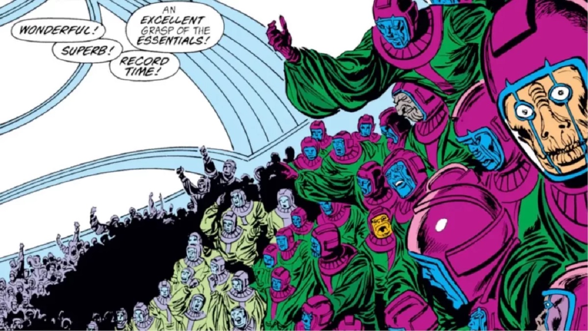 The Council of Kangs shows countless Kang Variants yelling inside an arena from Marvel COmics