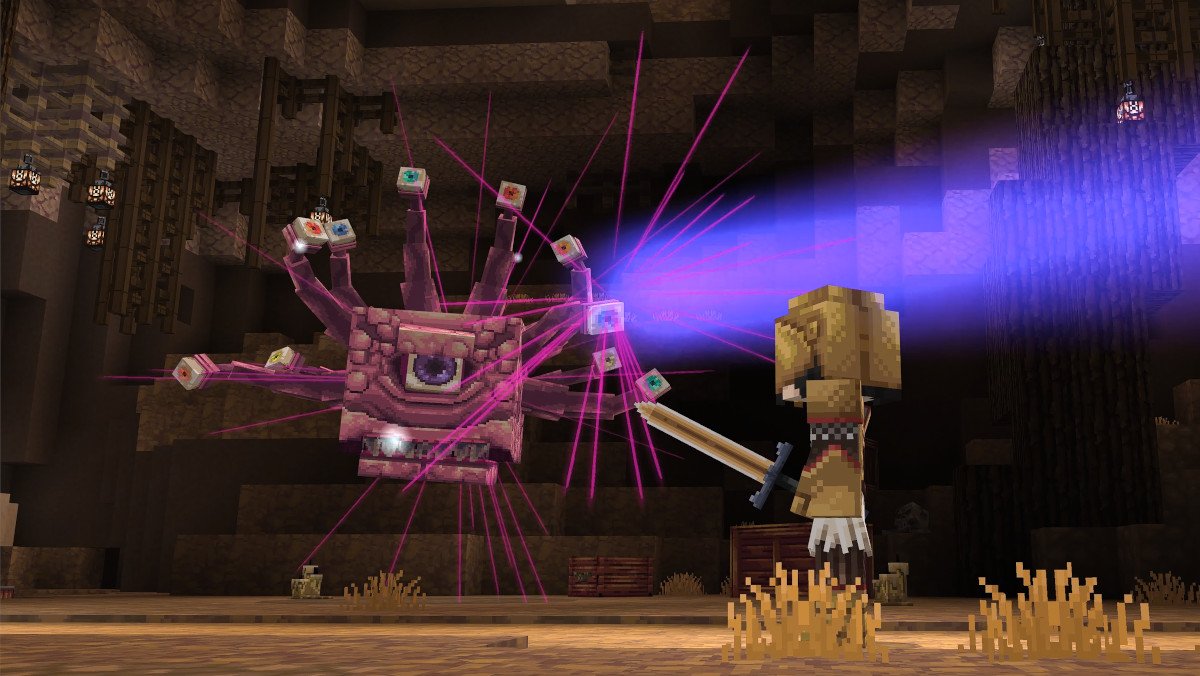A player fights a Beholder in the Dungeons & Dragons Minecraft DLC