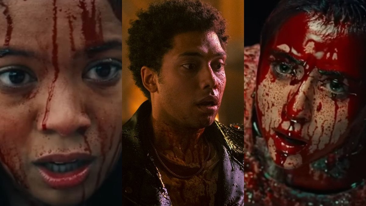 split image of three gen v characters covered in blood during gross, shocking, weird moments in the series