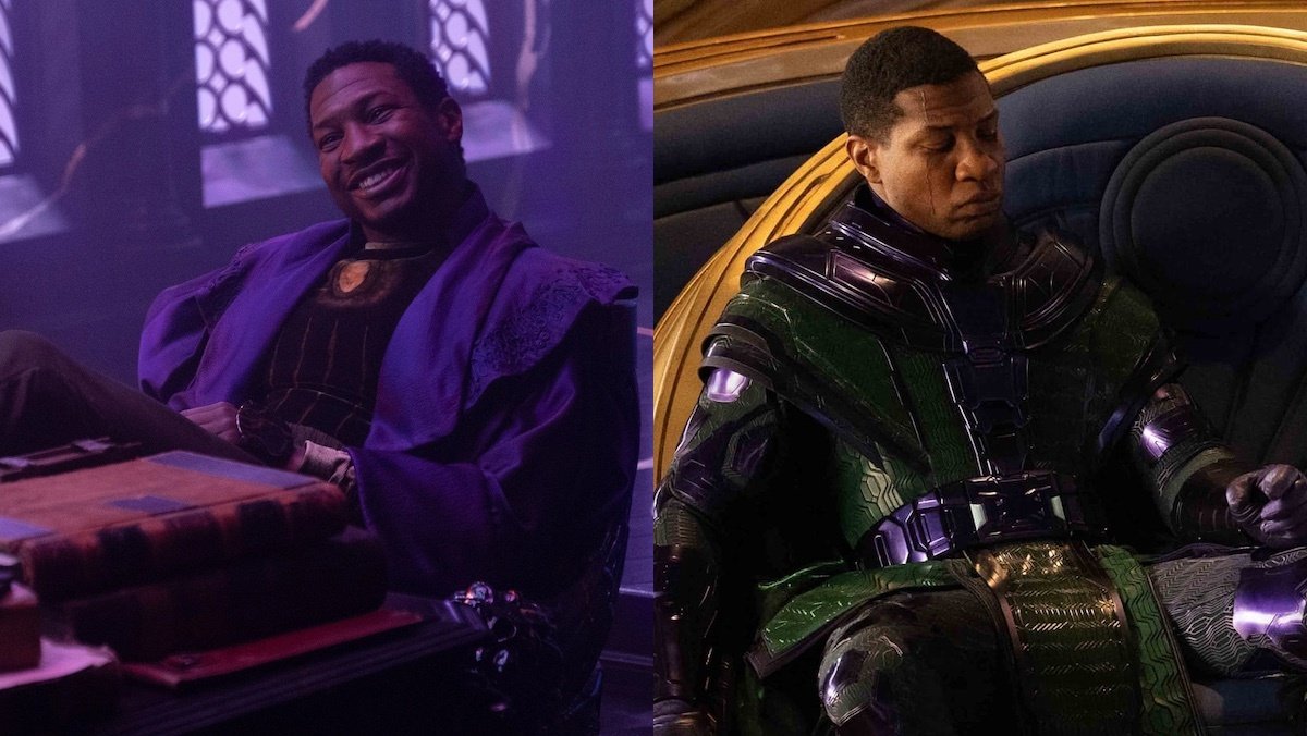Jonthan Major's as He Who Remains smiles in his chair on Loki, and Jonathan Majors sad as Kang the Conqueror in his multiversal ship's chair from Ant-Man and the Wasp: Quantumania