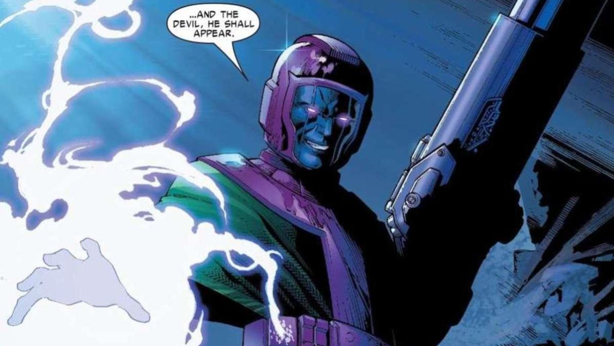 Kang the Conqueror looks stressed yet smug while holding a gun