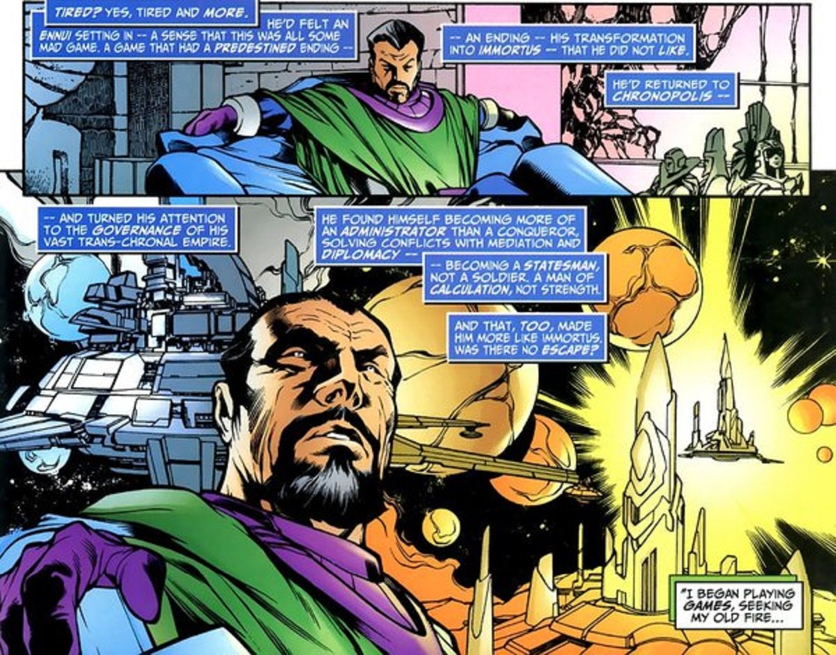 Kang rules over Chronopolis, from Avengers Forever.