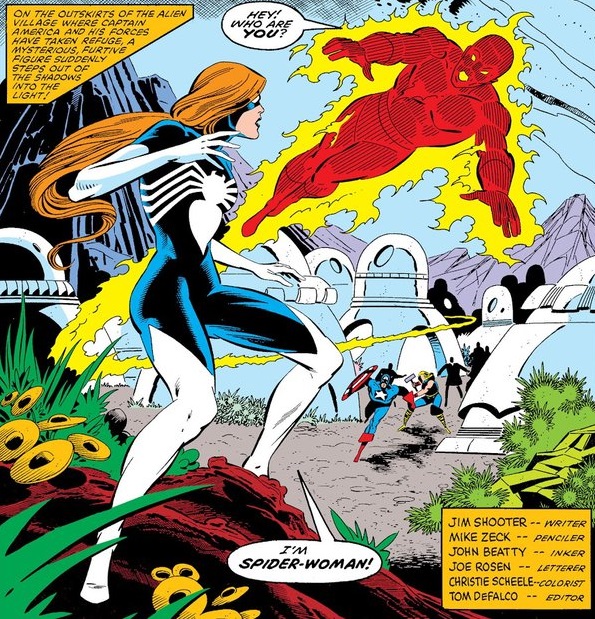 Spider-Woman meets the Human Torch, in 1984's Secret Wars series. 