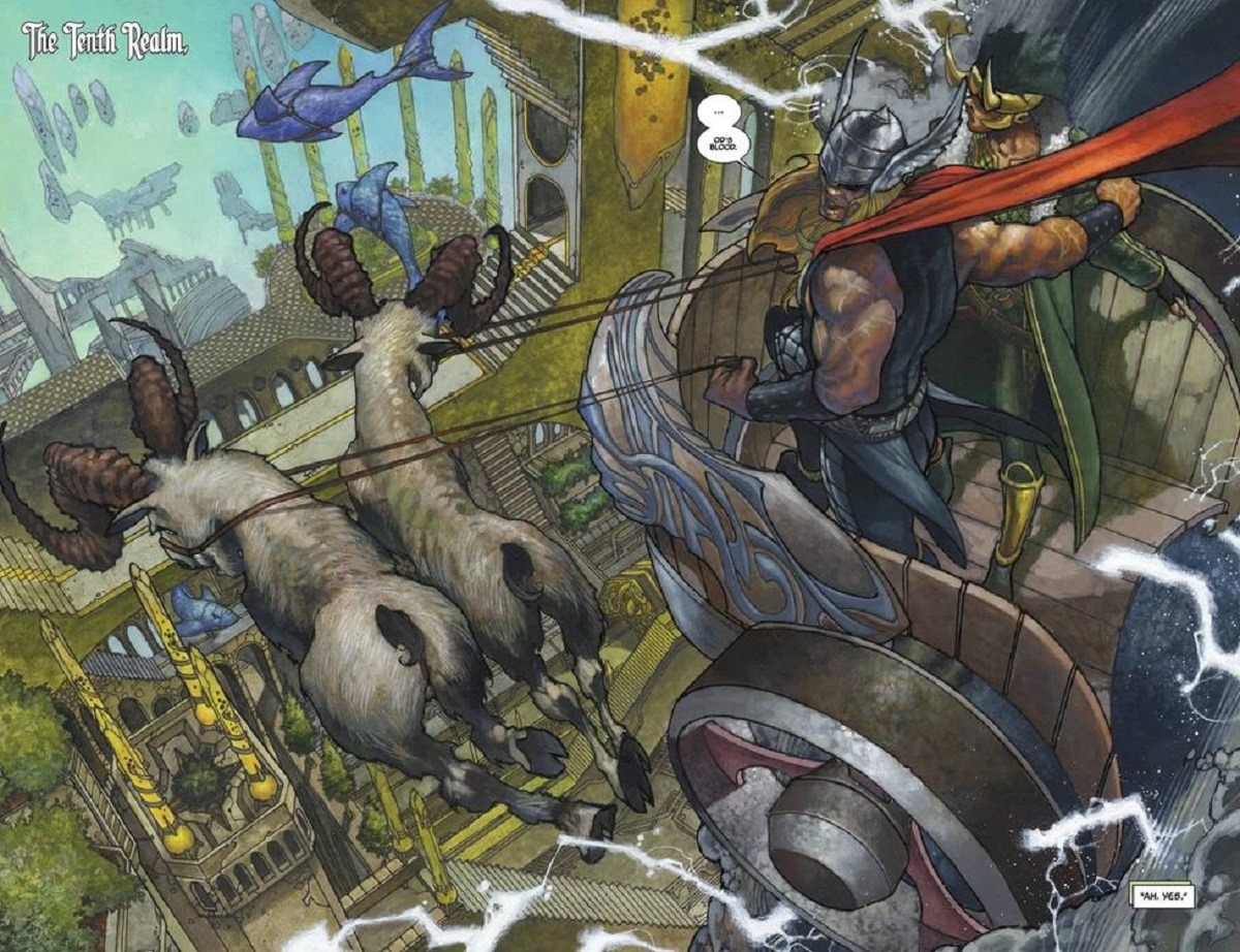 Toothgnasher and Toothgrinder lead Thor into each of the Ten Realms.