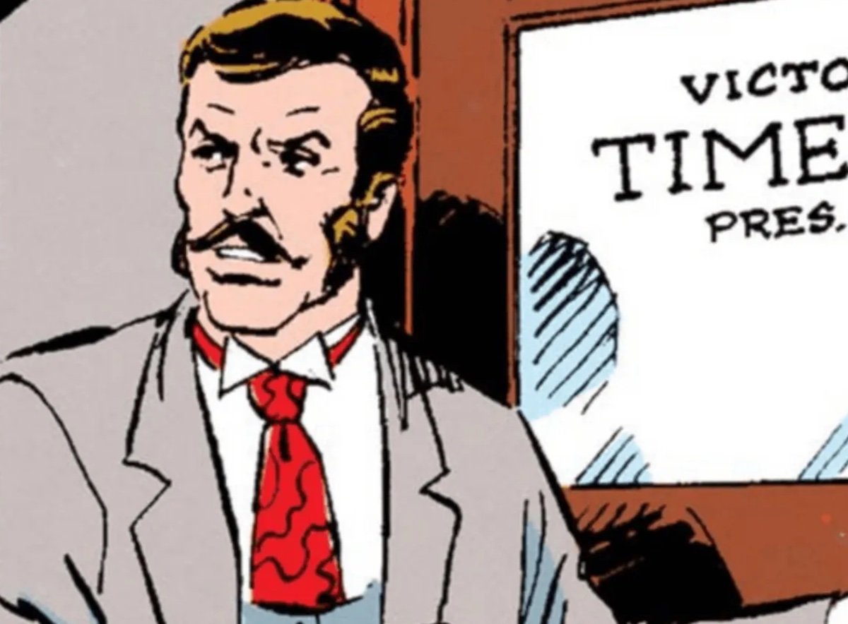 The mustachioed Victor Timely outside an office door with his name on it from Marvel Comics